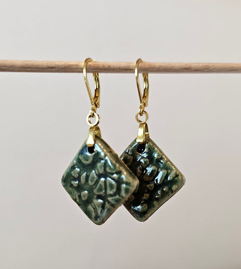 Handmade Ceramic Earrings – Green Rectangle