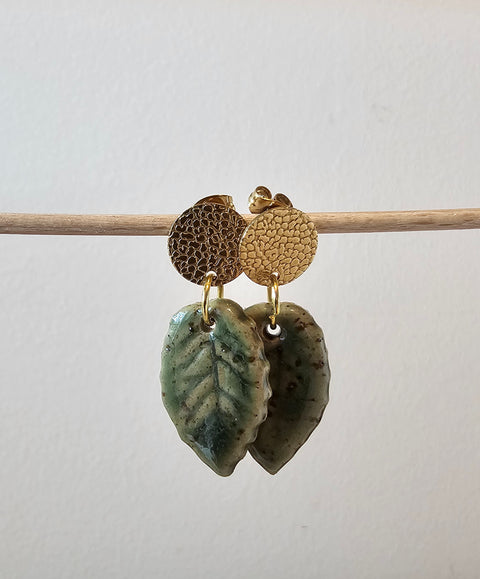 Handmade Ceramic Earrings – Green Leaf